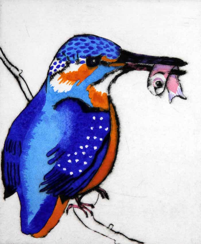 Kingfisher's Catch - Limited Edition drypoint and watercolour fine art print by artist Richard Spare