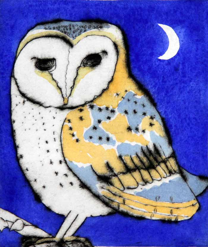 Night Owl - Limited Edition drypoint and watercolour fine art print by artist Richard Spare