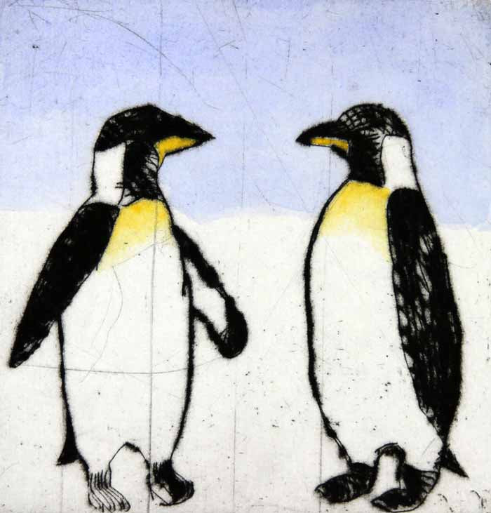 Penguins - Limited Edition drypoint and watercolour fine art print by artist Richard Spare