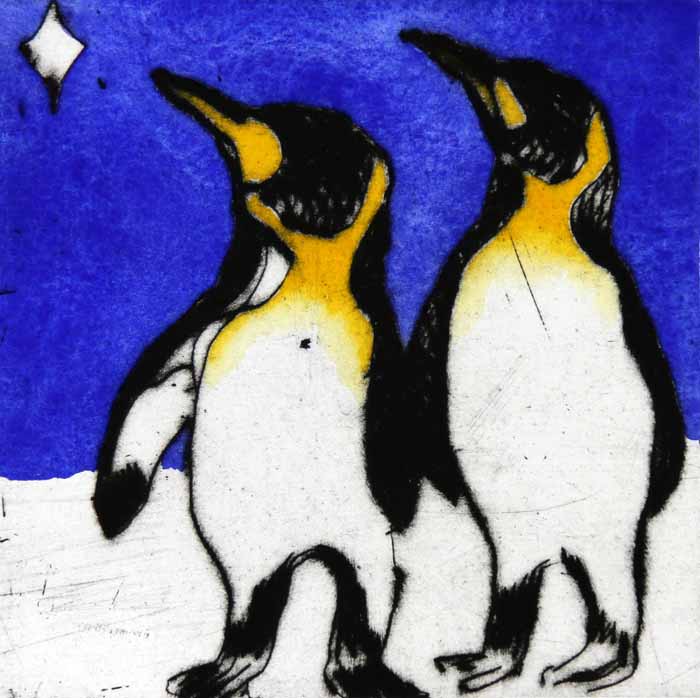 Penguins Stargazing - Limited Edition drypoint and watercolour fine art print by artist Richard Spare