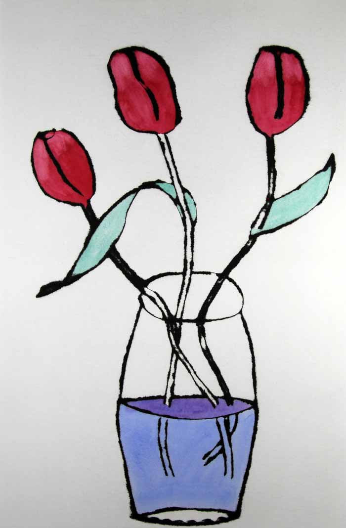Pink Tulips - Limited Edition drypoint and watercolour fine art print by artist Richard Spare