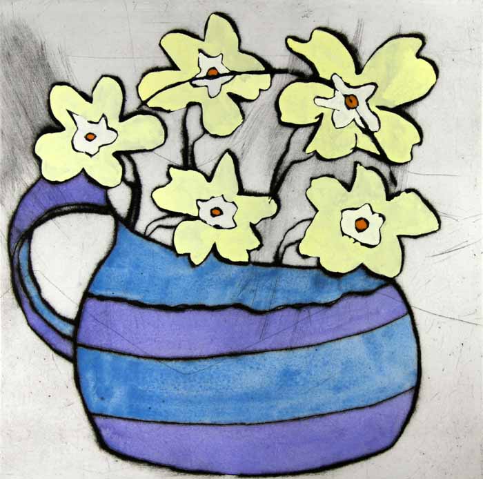 Primroses - Limited Edition drypoint and watercolour fine art print by artist Richard Spare