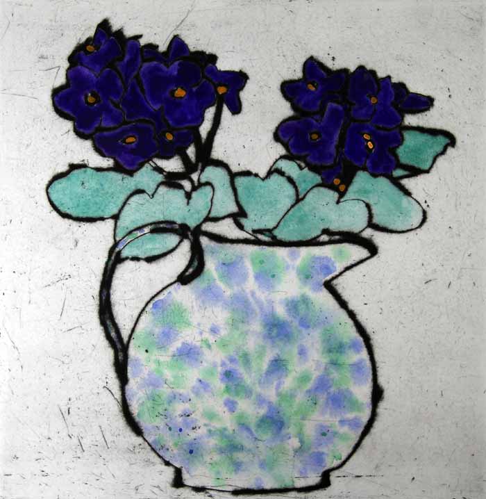 Purple African Violet - Limited Edition drypoint and watercolour fine art print by artist Richard Spare