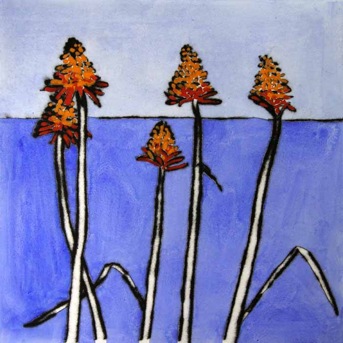 Red Hot Pokers - Limited Edition drypoint and watercolour fine art print by artist Richard Spare