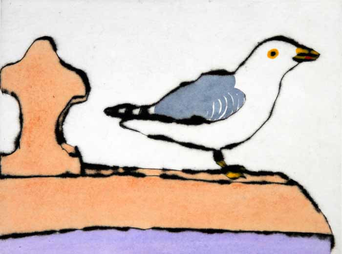 Rooftop Gull - Limited Edition drypoint and watercolour fine art print by artist Richard Spare
