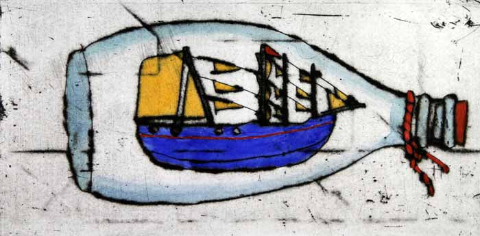 Ship in a Bottle - Limited Edition drypoint and watercolour fine art print by artist Richard Spare