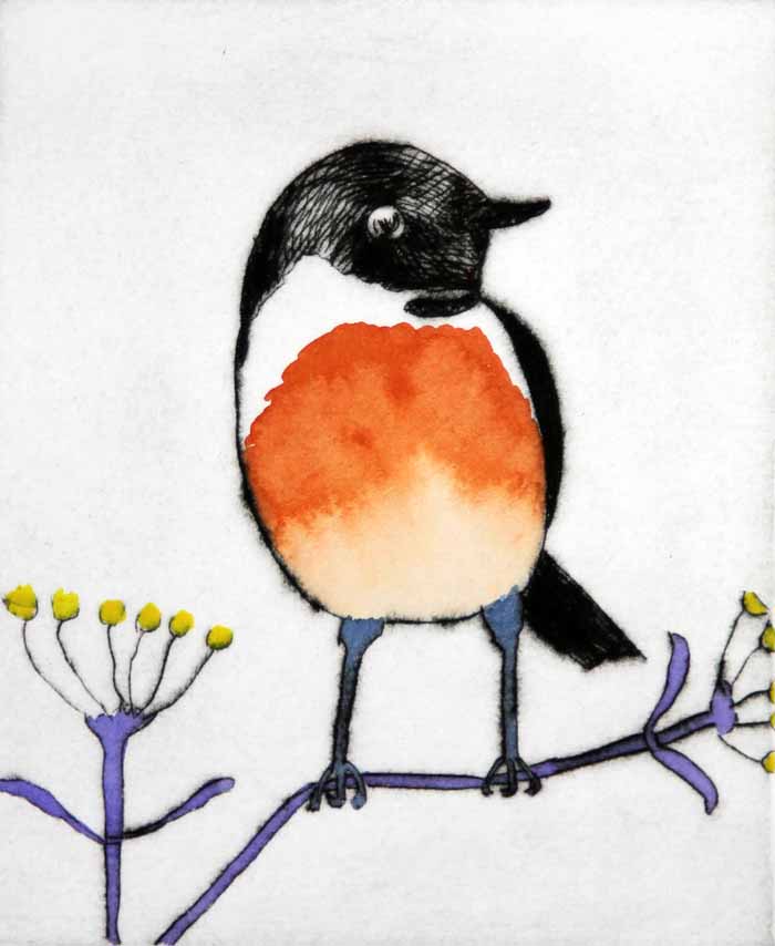 Stonechat - Limited Edition drypoint and watercolour fine art print by artist Richard Spare
