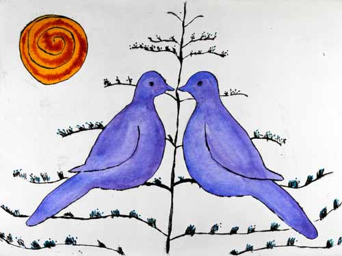 Summer Lovebirds - Limited Edition drypoint and watercolour fine art print by artist Richard Spare