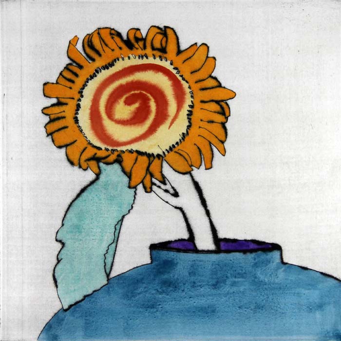 Sunflower Solo - Limited Edition drypoint and watercolour fine art print by artist Richard Spare