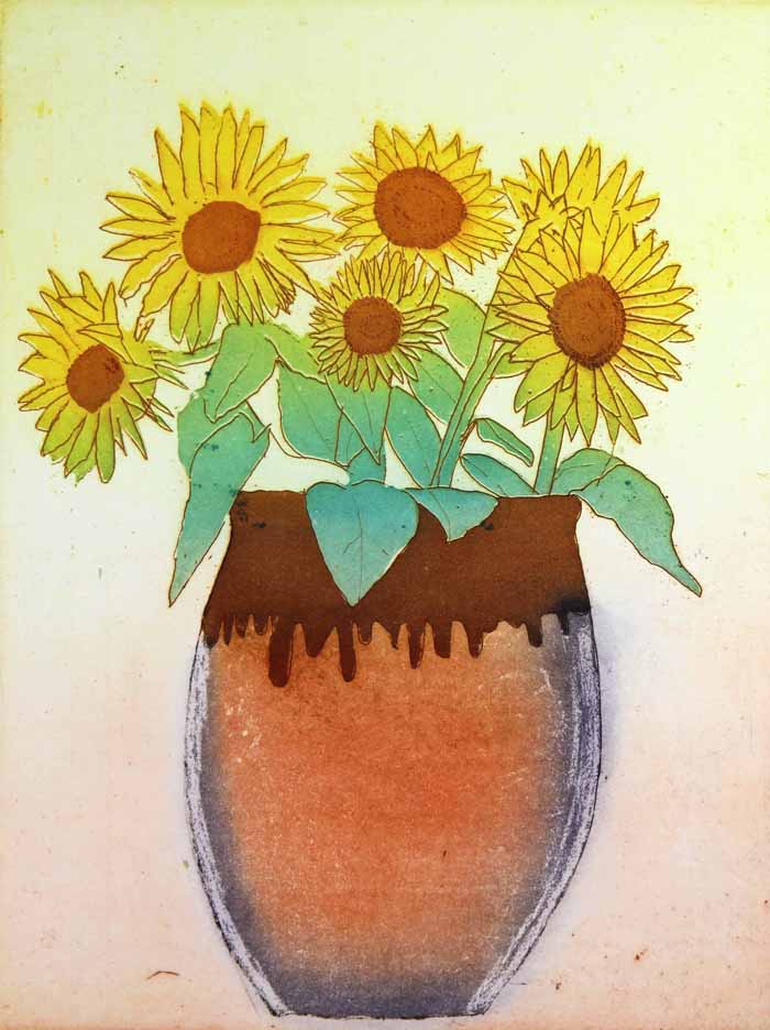 Sunflowers in a Pot - Limited Edition etching and aquatint fine art print by artist Richard Spare