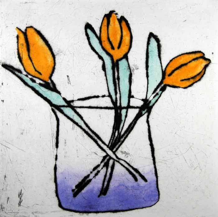 Tulip Trio - Limited Edition drypoint and watercolour fine art print by artist Richard Spare