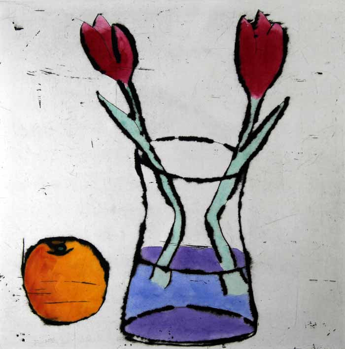Tulips and Orange - Limited Edition drypoint and watercolour fine art print by artist Richard Spare