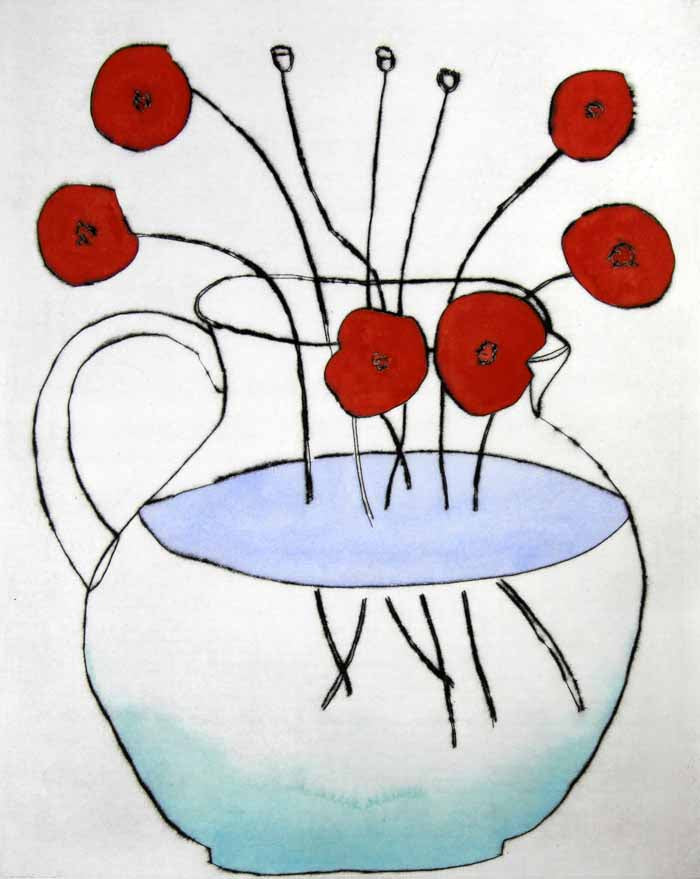 Wild Poppies - Limited Edition drypoint and watercolour fine art print by artist Richard Spare